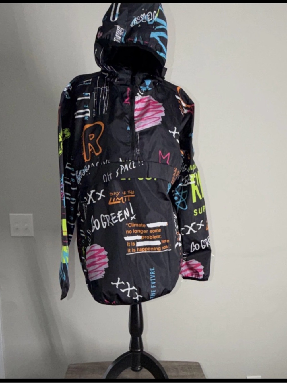 Reason Black Multicolor Graphic Hooded Raincoat